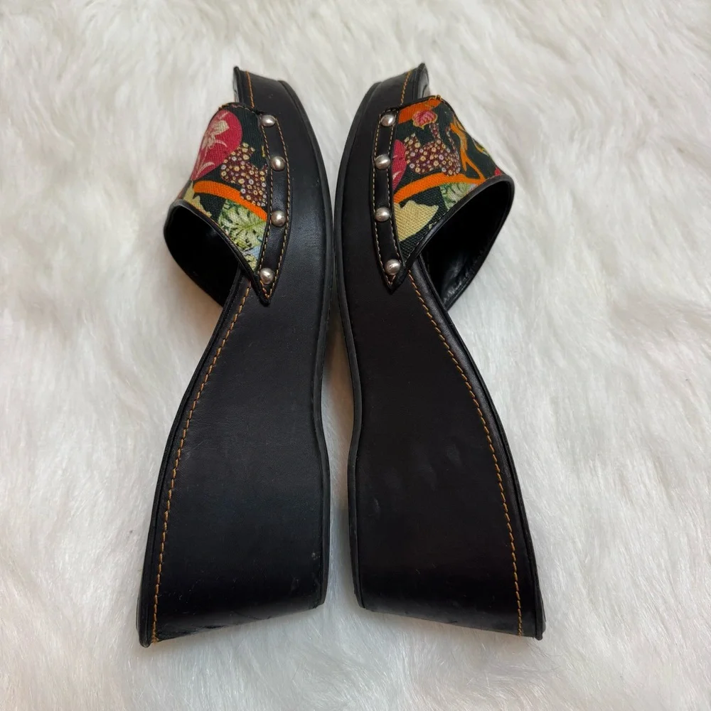 Vintage Salvatore Ferragamo Denim Studded Floral Pattern Wooden Wedges - Picture 5 of 7